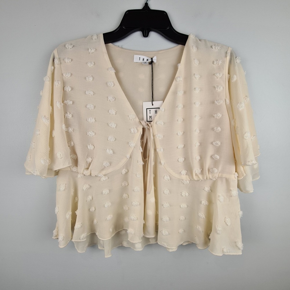 THML Cream Swiss Dot Pearl Tie Cardigan‎ Flutter Sleeve Ruffle Top Small Sheer